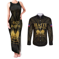 Haiti 1804 Couples Matching Tank Maxi Dress and Long Sleeve Button Shirt Polynesian Gold Neg Maron