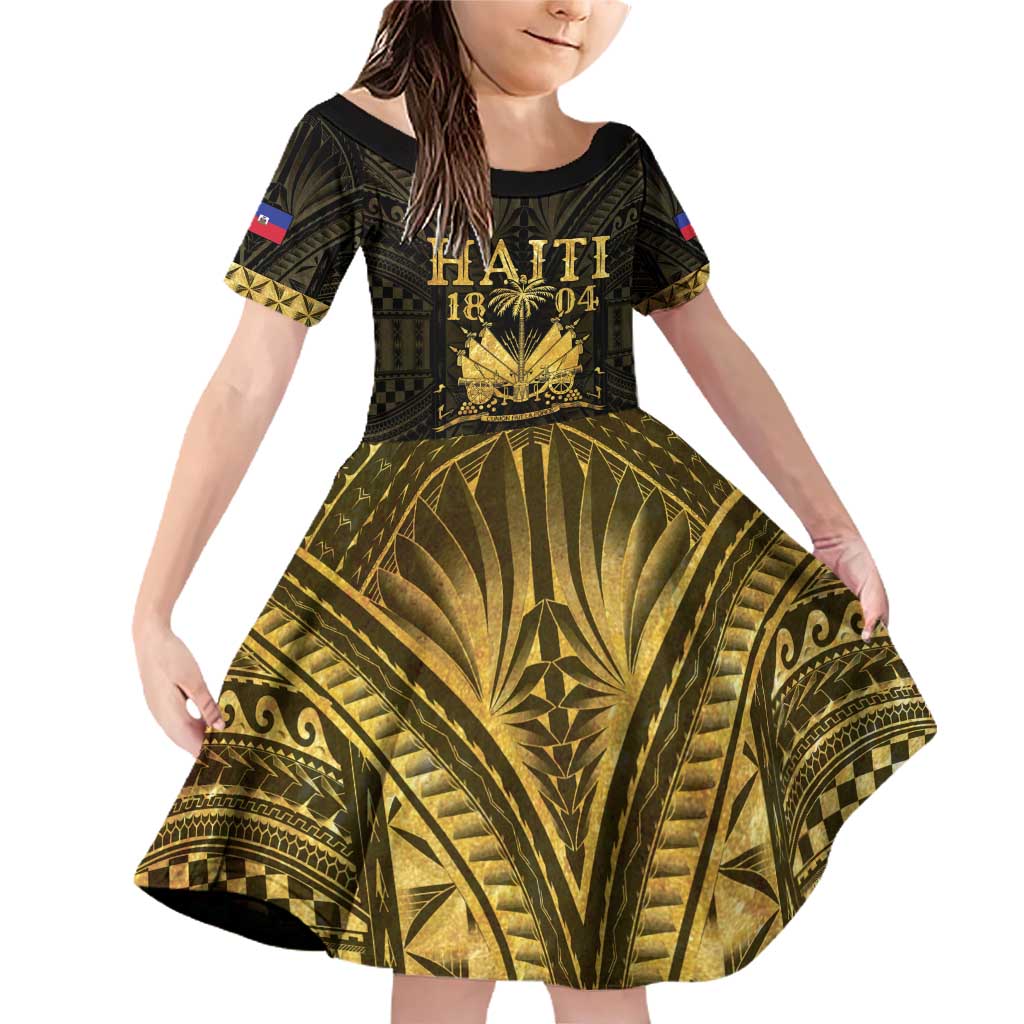 Haiti 1804 Family Matching Off Shoulder Short Dress and Hawaiian Shirt Polynesian Gold Neg Maron