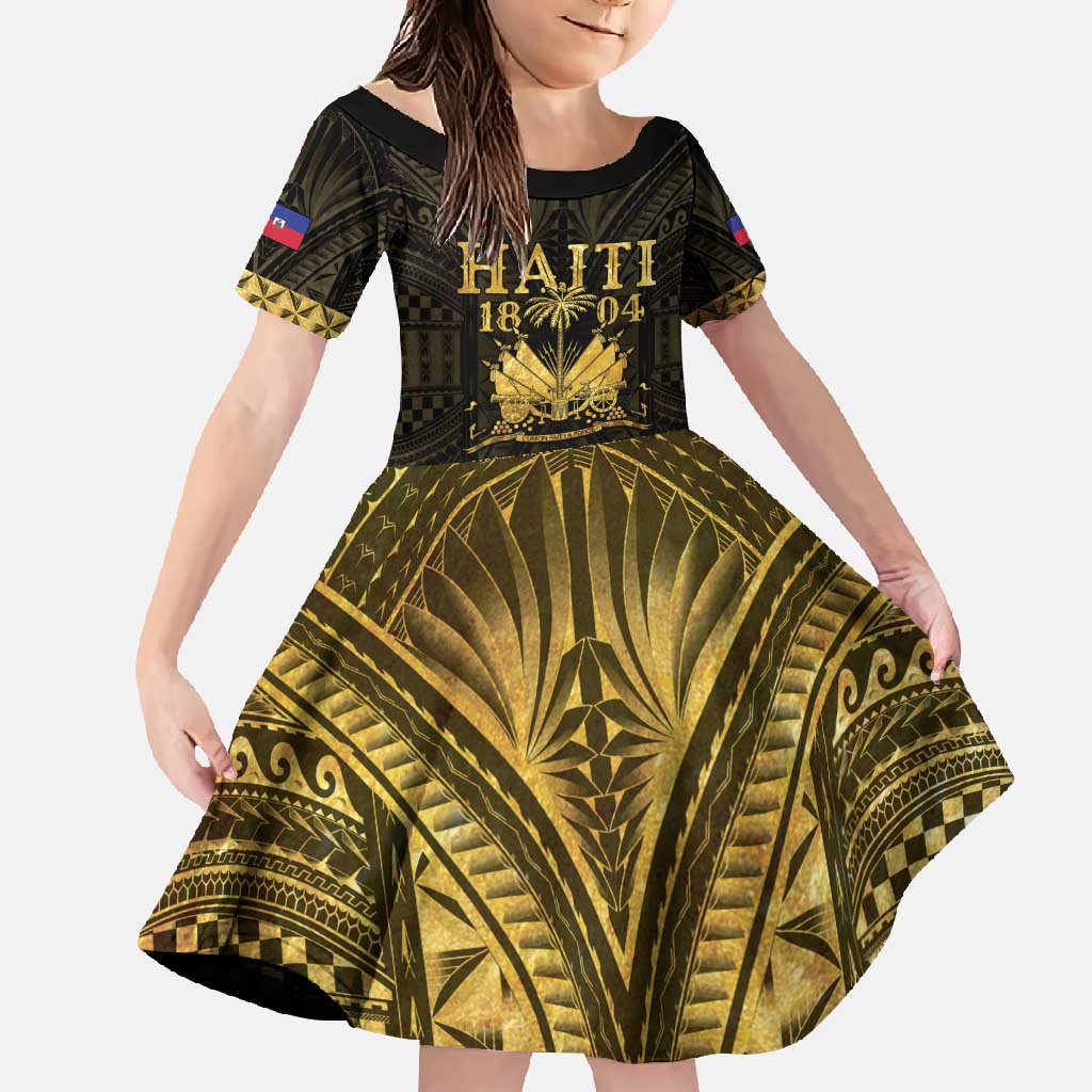 Haiti 1804 Family Matching Short Sleeve Bodycon Dress and Hawaiian Shirt Polynesian Gold Neg Maron