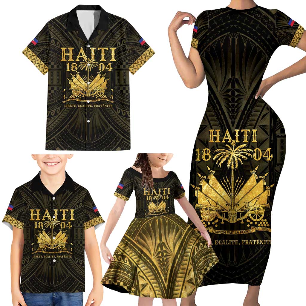 Haiti 1804 Family Matching Short Sleeve Bodycon Dress and Hawaiian Shirt Polynesian Gold Neg Maron