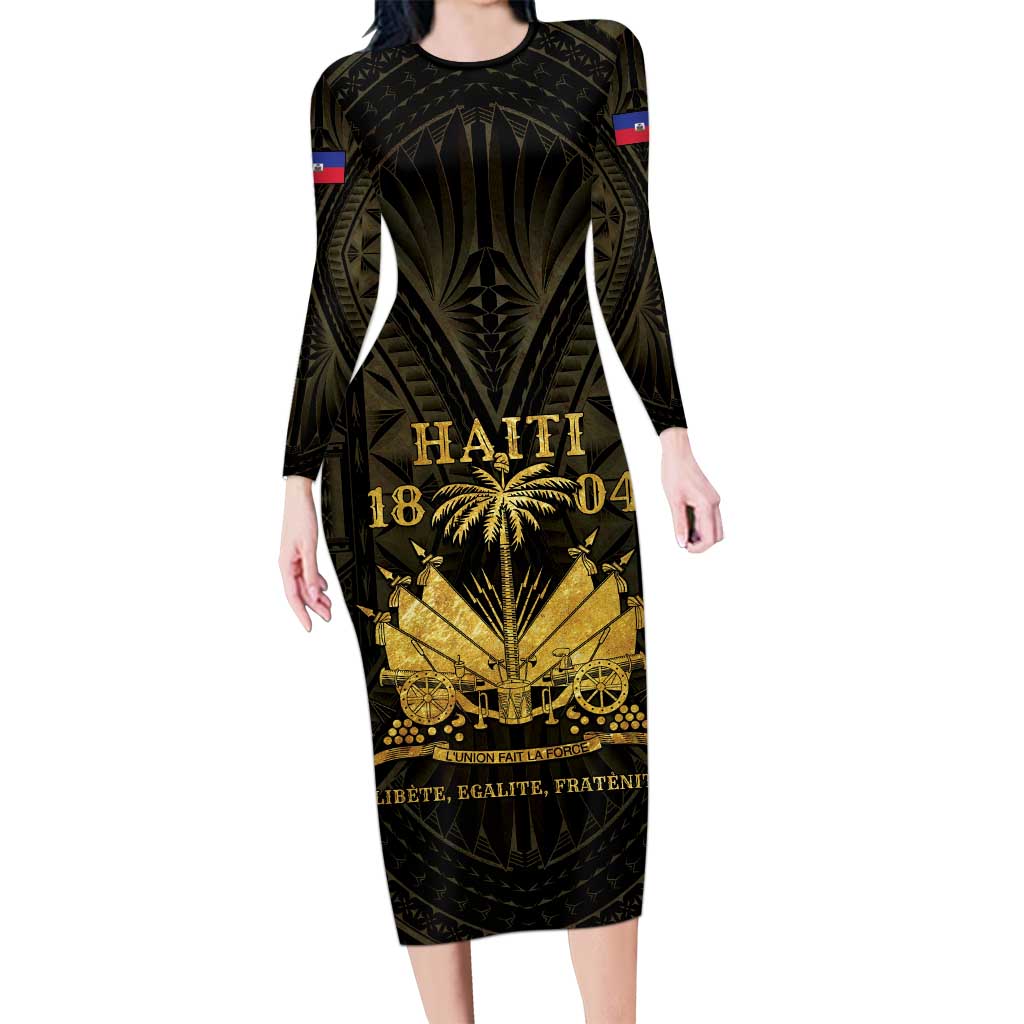 Haiti 1804 Long Sleeve Bodycon Dress Polynesian Gold Neg Maron LT05 Long Dress Gold - Polynesian Pride