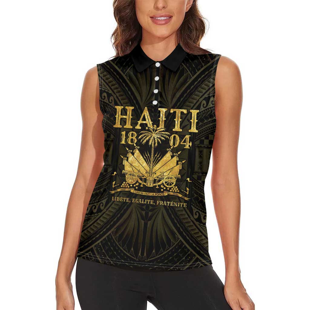 Haiti 1804 Women Sleeveless Polo Shirt Polynesian Gold Neg Maron