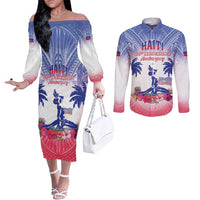 Personalised Haiti Independence Day Couples Matching Off The Shoulder Long Sleeve Dress and Long Sleeve Button Shirt Neg Maron Polynesian Style LT05