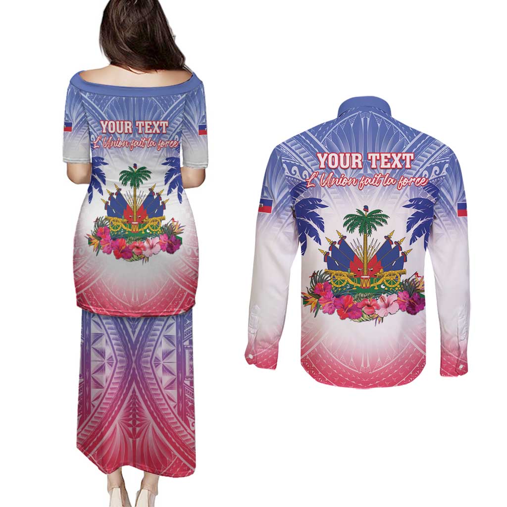 Personalised Haiti Independence Day Couples Matching Puletasi and Long Sleeve Button Shirt Neg Maron Polynesian Style
