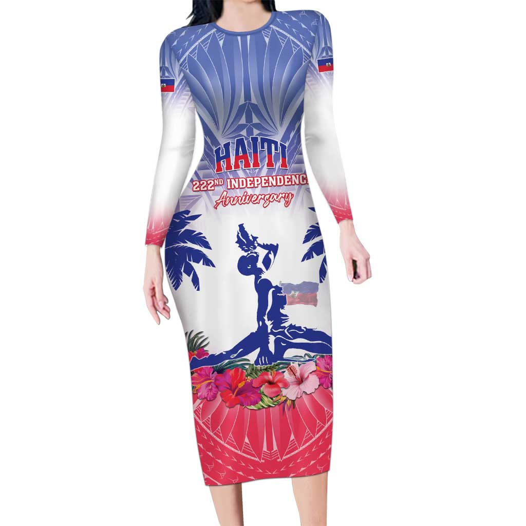 Personalised Haiti Independence Day Long Sleeve Bodycon Dress Neg Maron Polynesian Style LT05 Long Dress Blue - Polynesian Pride