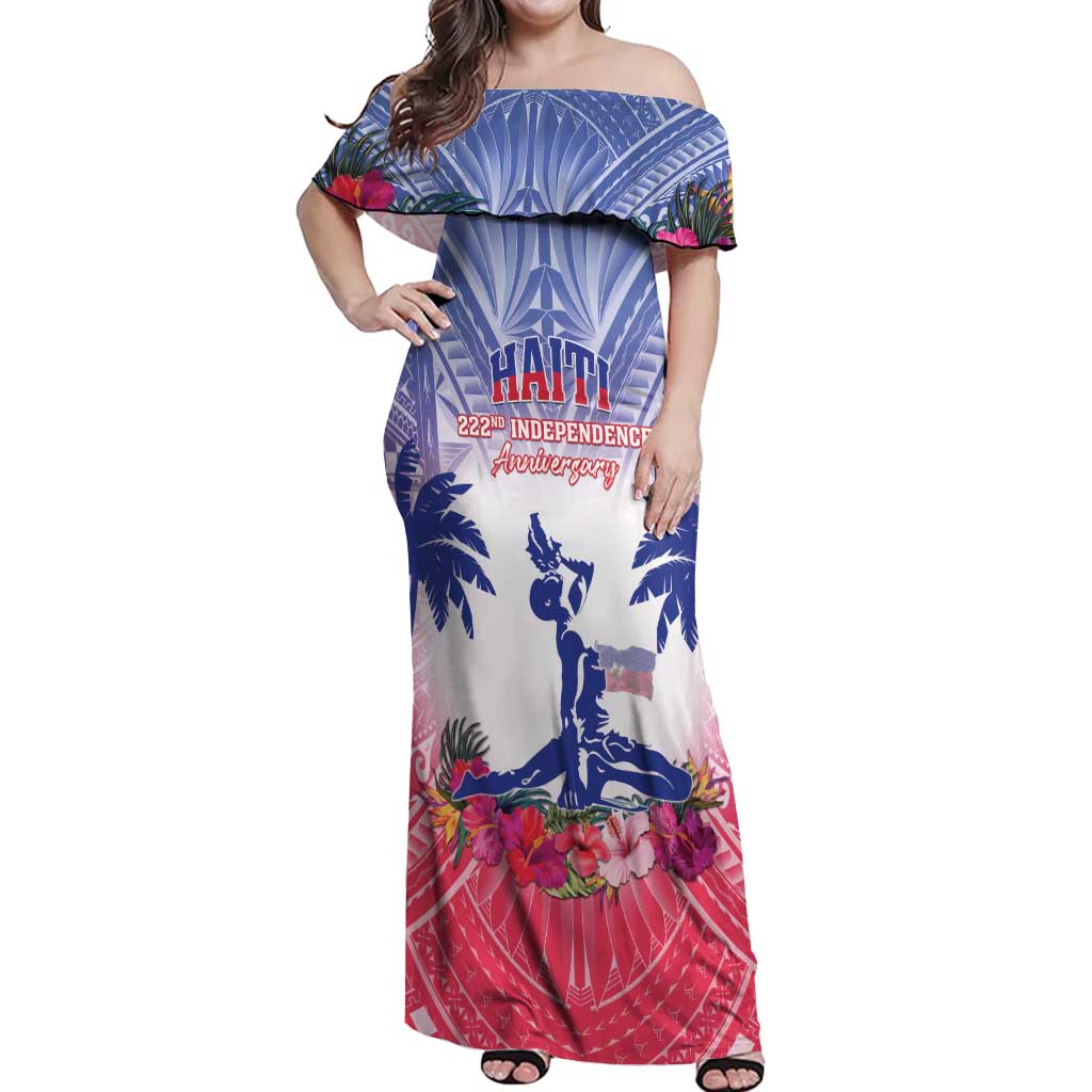 Personalised Haiti Independence Day Off Shoulder Maxi Dress Neg Maron Polynesian Style LT05 Women Blue - Polynesian Pride