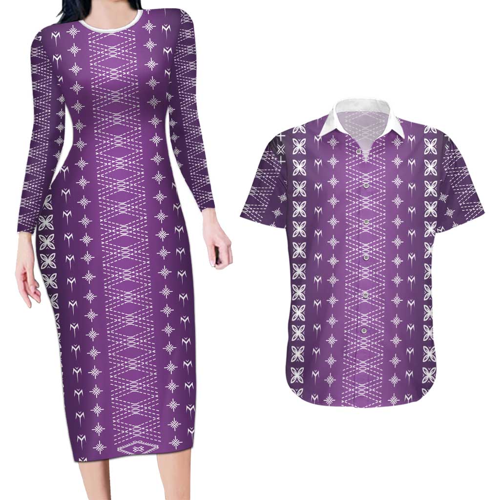 Purple Samoa Malu Tattoo Inspired Couples Matching Long Sleeve Bodycon Dress and Hawaiian Shirt LT05 Purple - Polynesian Pride