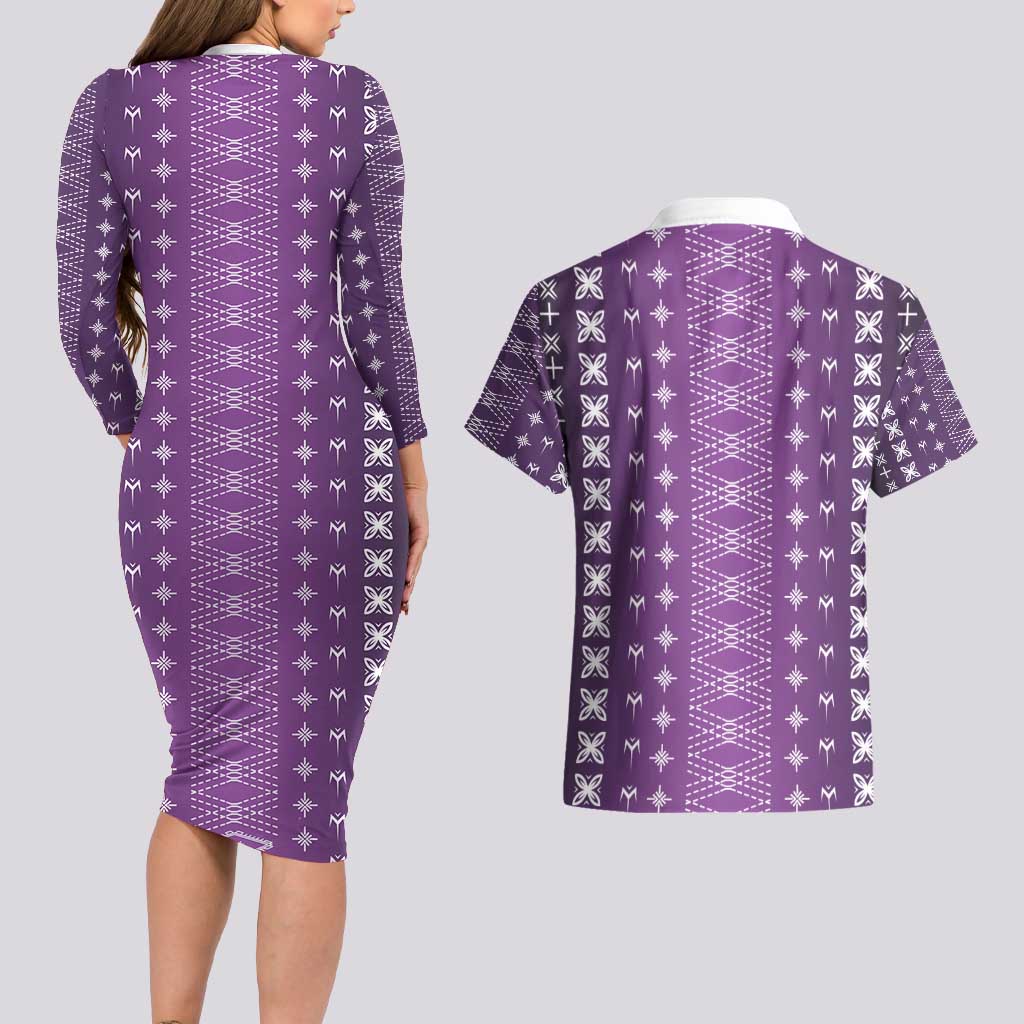 Purple Samoa Malu Tattoo Inspired Couples Matching Long Sleeve Bodycon Dress and Hawaiian Shirt - Polynesian Pride
