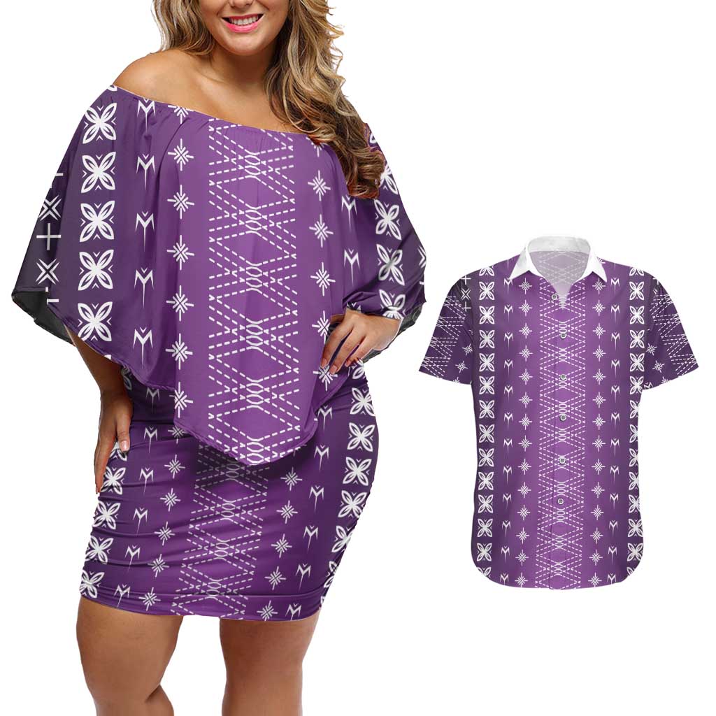 Purple Samoa Malu Tattoo Inspired Couples Matching Off Shoulder Short Dress and Hawaiian Shirt LT05 Purple - Polynesian Pride