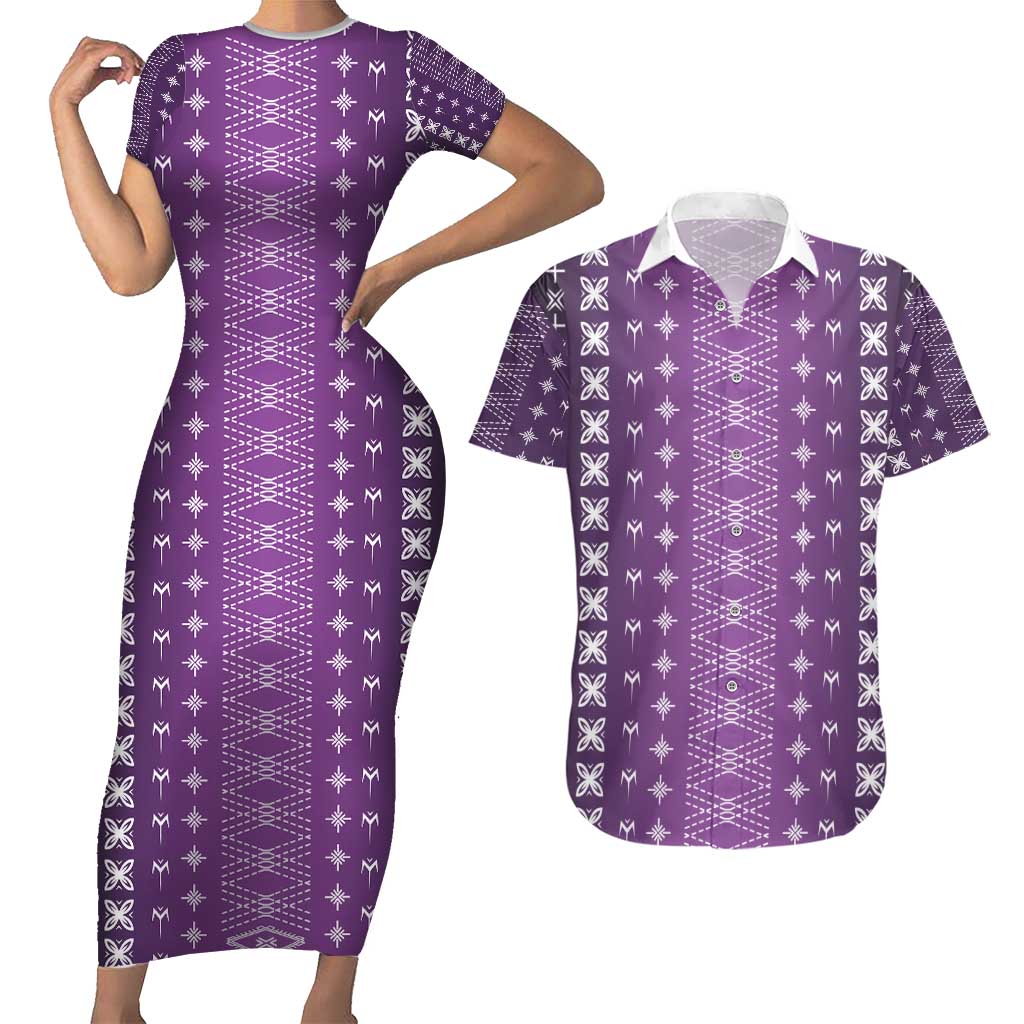 Purple Samoa Malu Tattoo Inspired Couples Matching Short Sleeve Bodycon Dress and Hawaiian Shirt - Polynesian Pride