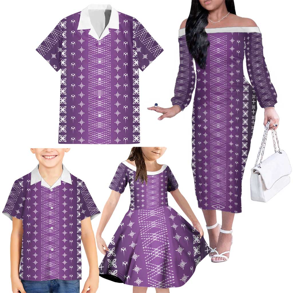 Purple Samoa Malu Tattoo Inspired Family Matching Off The Shoulder Long Sleeve Dress and Hawaiian Shirt LT05 - Polynesian Pride