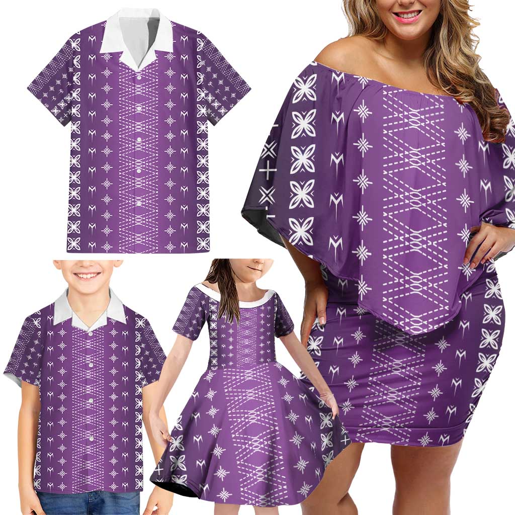 Purple Samoa Malu Tattoo Inspired Family Matching Off Shoulder Short Dress and Hawaiian Shirt - Polynesian Pride