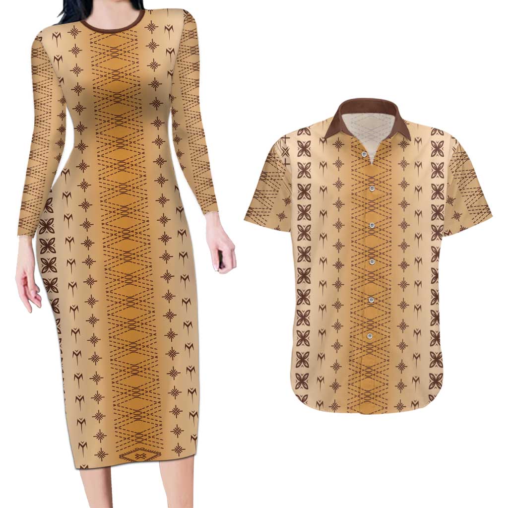 Beige Samoa Malu Tattoo Inspired Couples Matching Long Sleeve Bodycon Dress and Hawaiian Shirt LT05 Beige - Polynesian Pride