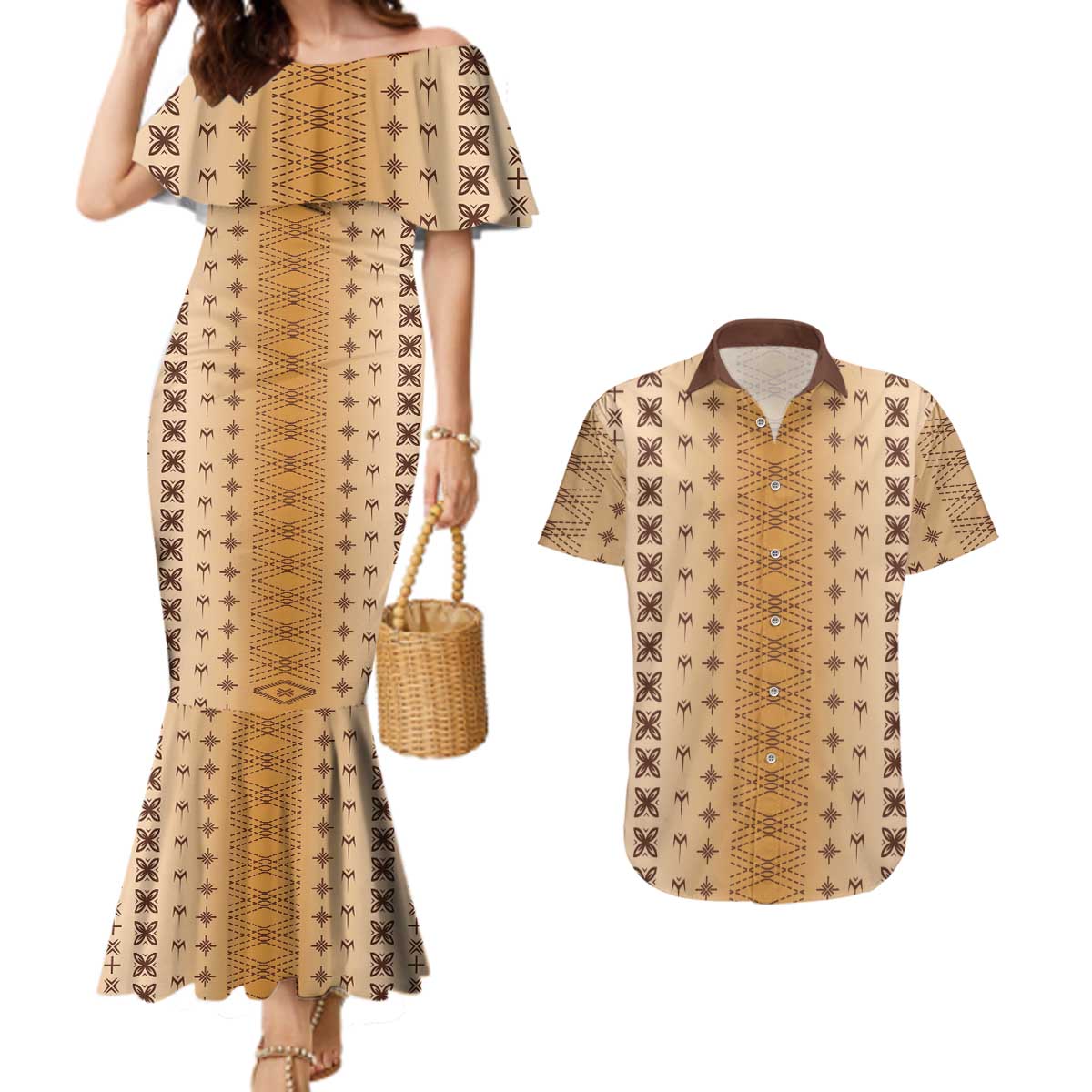 Beige Samoa Malu Tattoo Inspired Couples Matching Mermaid Dress and Hawaiian Shirt LT05 Beige - Polynesian Pride