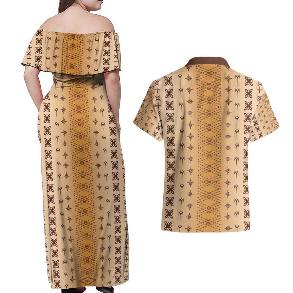 Beige Samoa Malu Tattoo Inspired Couples Matching Off Shoulder Maxi Dress and Hawaiian Shirt - Polynesian Pride