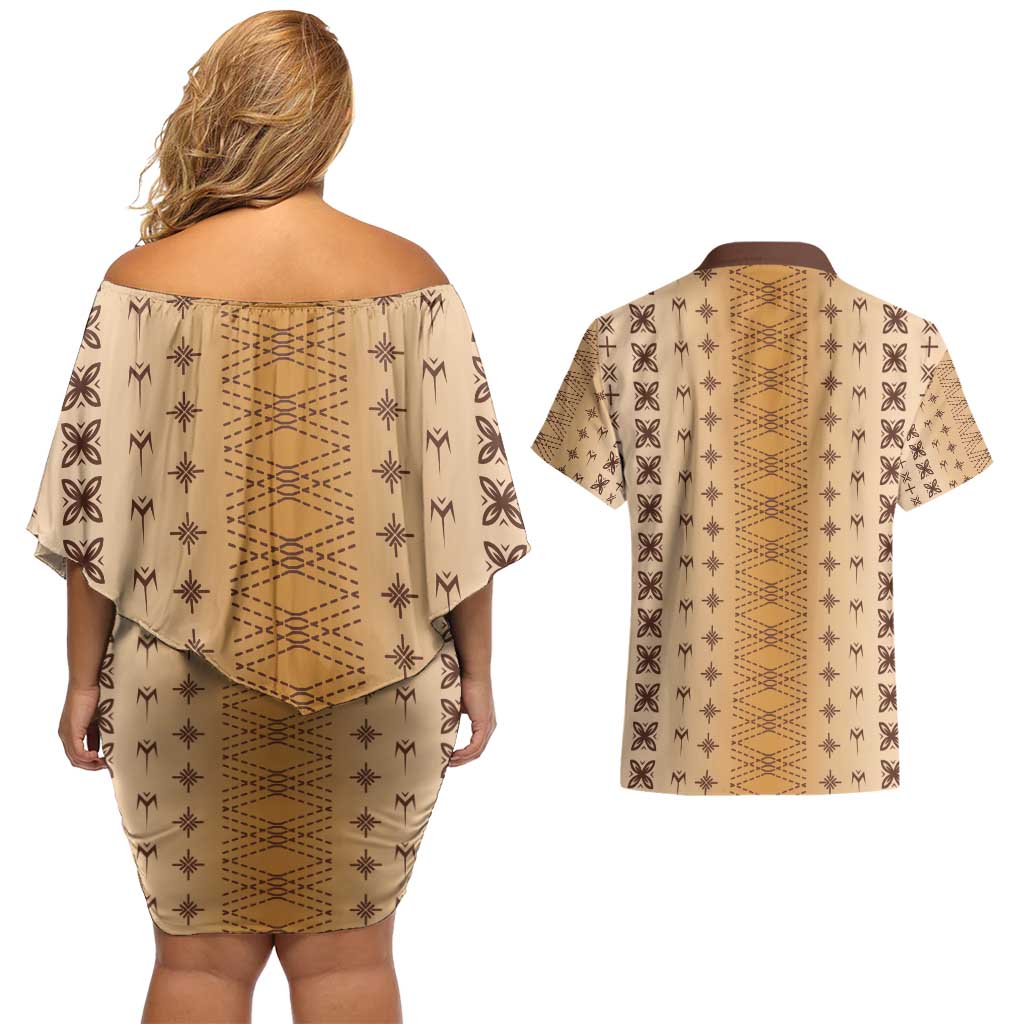 Beige Samoa Malu Tattoo Inspired Couples Matching Off Shoulder Short Dress and Hawaiian Shirt - Polynesian Pride