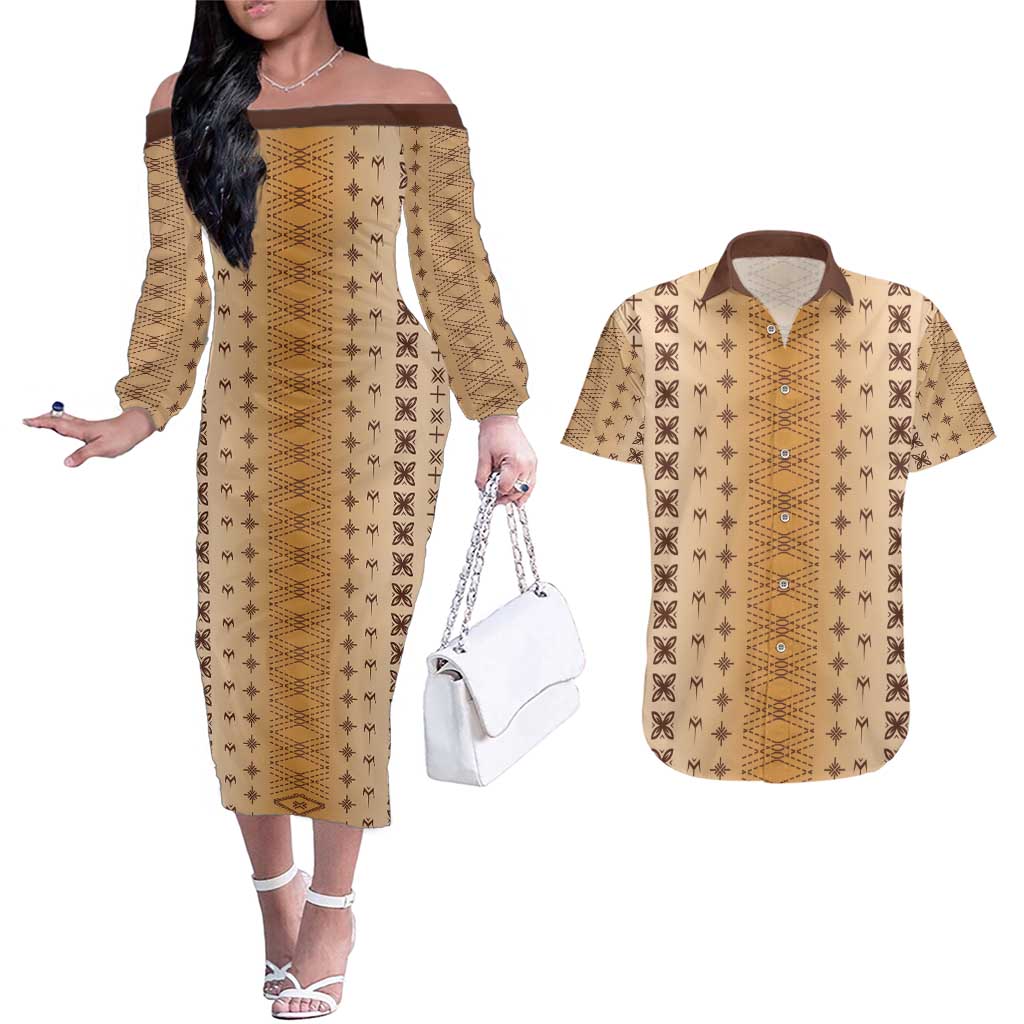 Beige Samoa Malu Tattoo Inspired Couples Matching Off The Shoulder Long Sleeve Dress and Hawaiian Shirt - Polynesian Pride