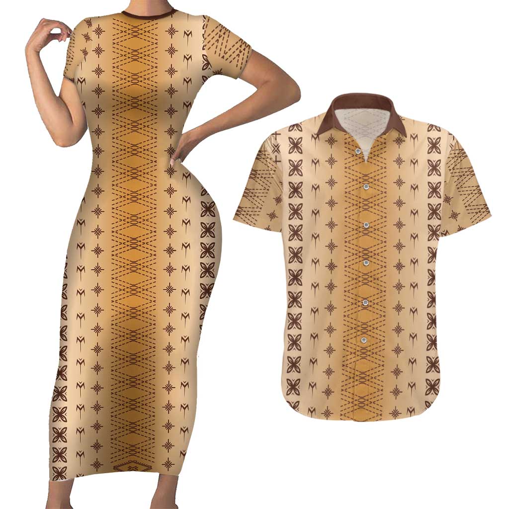 Beige Samoa Malu Tattoo Inspired Couples Matching Short Sleeve Bodycon Dress and Hawaiian Shirt LT05 Beige - Polynesian Pride
