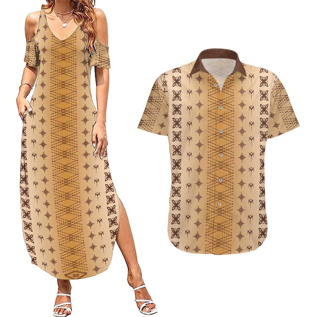 Beige Samoa Malu Tattoo Inspired Couples Matching Summer Maxi Dress and Hawaiian Shirt LT05 Beige - Polynesian Pride