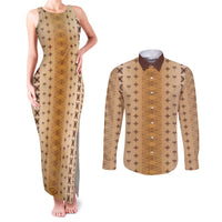 Beige Samoa Malu Tattoo Inspired Couples Matching Tank Maxi Dress and Long Sleeve Button Shirt - Polynesian Pride