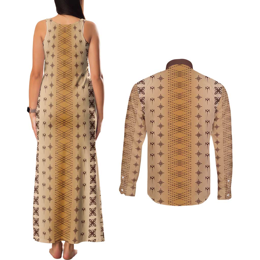 Beige Samoa Malu Tattoo Inspired Couples Matching Tank Maxi Dress and Long Sleeve Button Shirt - Polynesian Pride