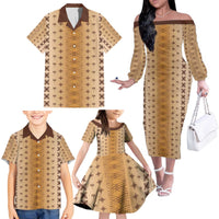 Beige Samoa Malu Tattoo Inspired Family Matching Off The Shoulder Long Sleeve Dress and Hawaiian Shirt - Polynesian Pride