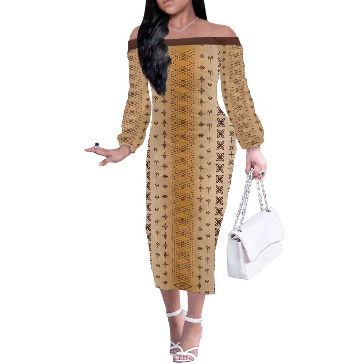 Beige Samoa Malu Tattoo Inspired Family Matching Off The Shoulder Long Sleeve Dress and Hawaiian Shirt - Polynesian Pride