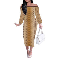 Beige Samoa Malu Tattoo Inspired Family Matching Off The Shoulder Long Sleeve Dress and Hawaiian Shirt - Polynesian Pride