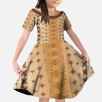 Beige Samoa Malu Tattoo Inspired Family Matching Off Shoulder Short Dress and Hawaiian Shirt - Polynesian Pride