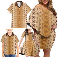 Beige Samoa Malu Tattoo Inspired Family Matching Off Shoulder Short Dress and Hawaiian Shirt - Polynesian Pride