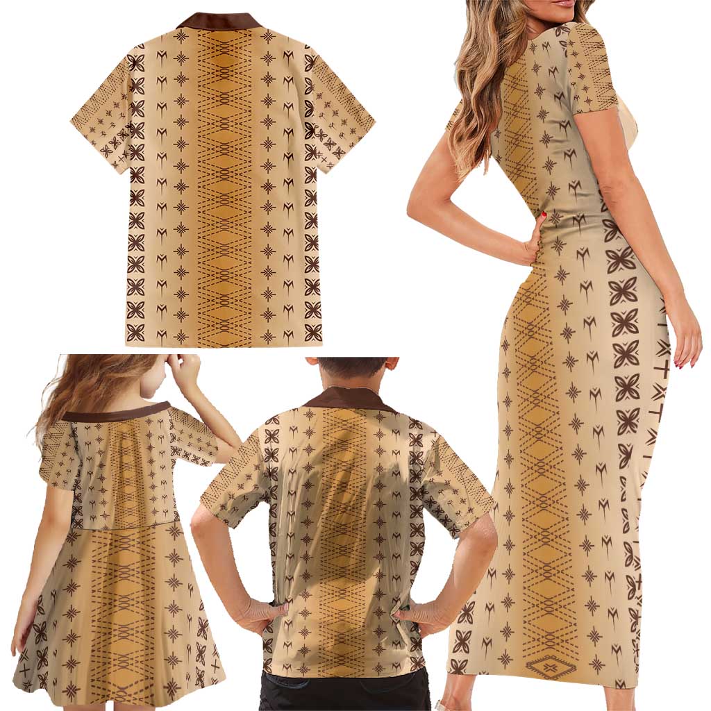Beige Samoa Malu Tattoo Inspired Family Matching Short Sleeve Bodycon Dress and Hawaiian Shirt - Polynesian Pride