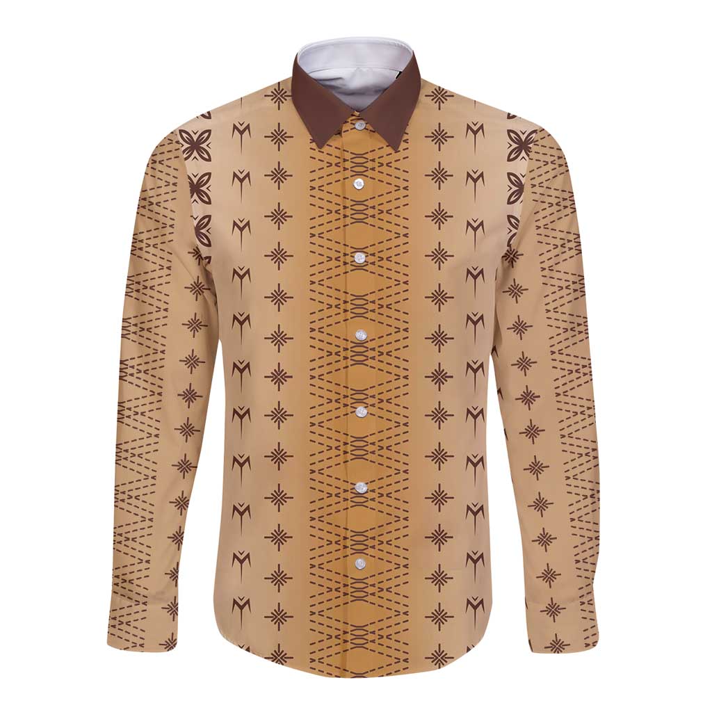 Beige Samoa Malu Tattoo Inspired Long Sleeve Button Shirt - Polynesian Pride