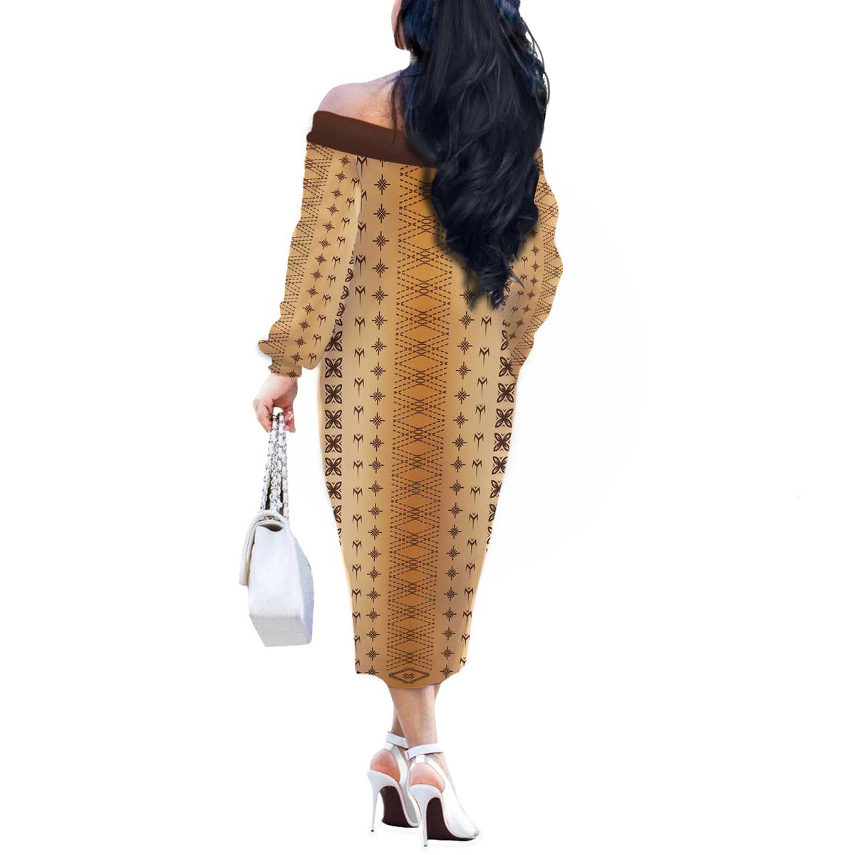 Beige Samoa Malu Tattoo Inspired Off The Shoulder Long Sleeve Dress - Polynesian Pride