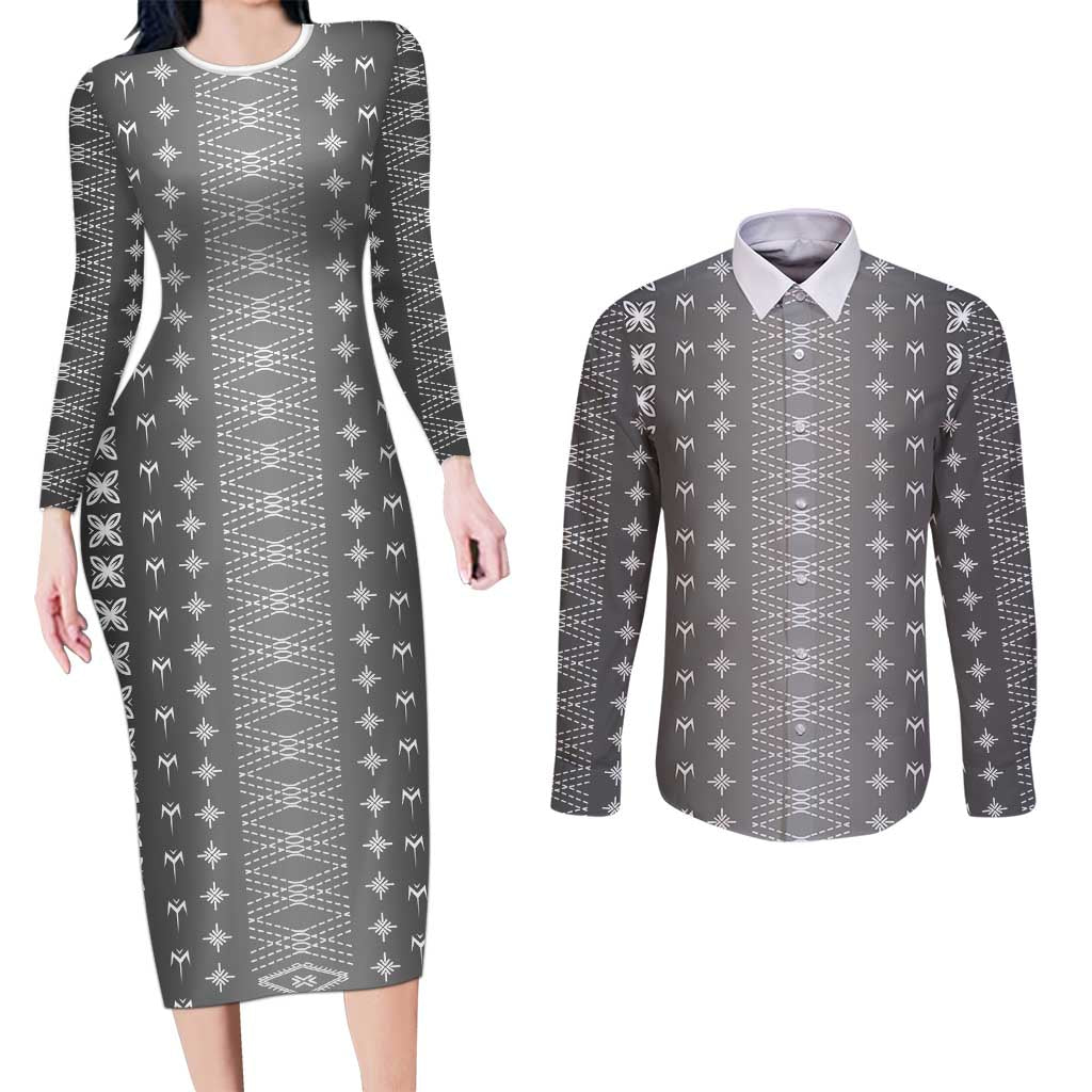 Black Samoa Malu Tattoo Inspired Couples Matching Long Sleeve Bodycon Dress and Long Sleeve Button Shirt LT05 Black - Polynesian Pride