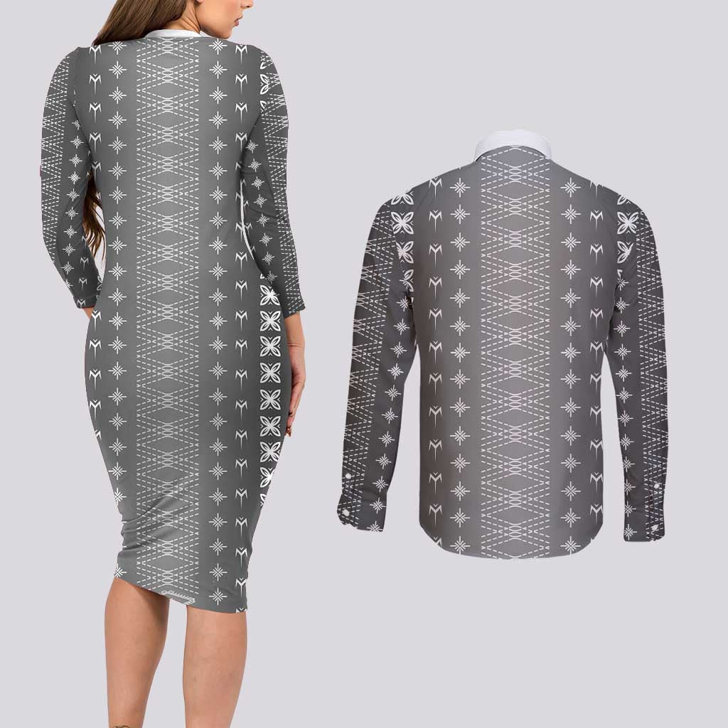 Black Samoa Malu Tattoo Inspired Couples Matching Long Sleeve Bodycon Dress and Long Sleeve Button Shirt LT05 - Polynesian Pride