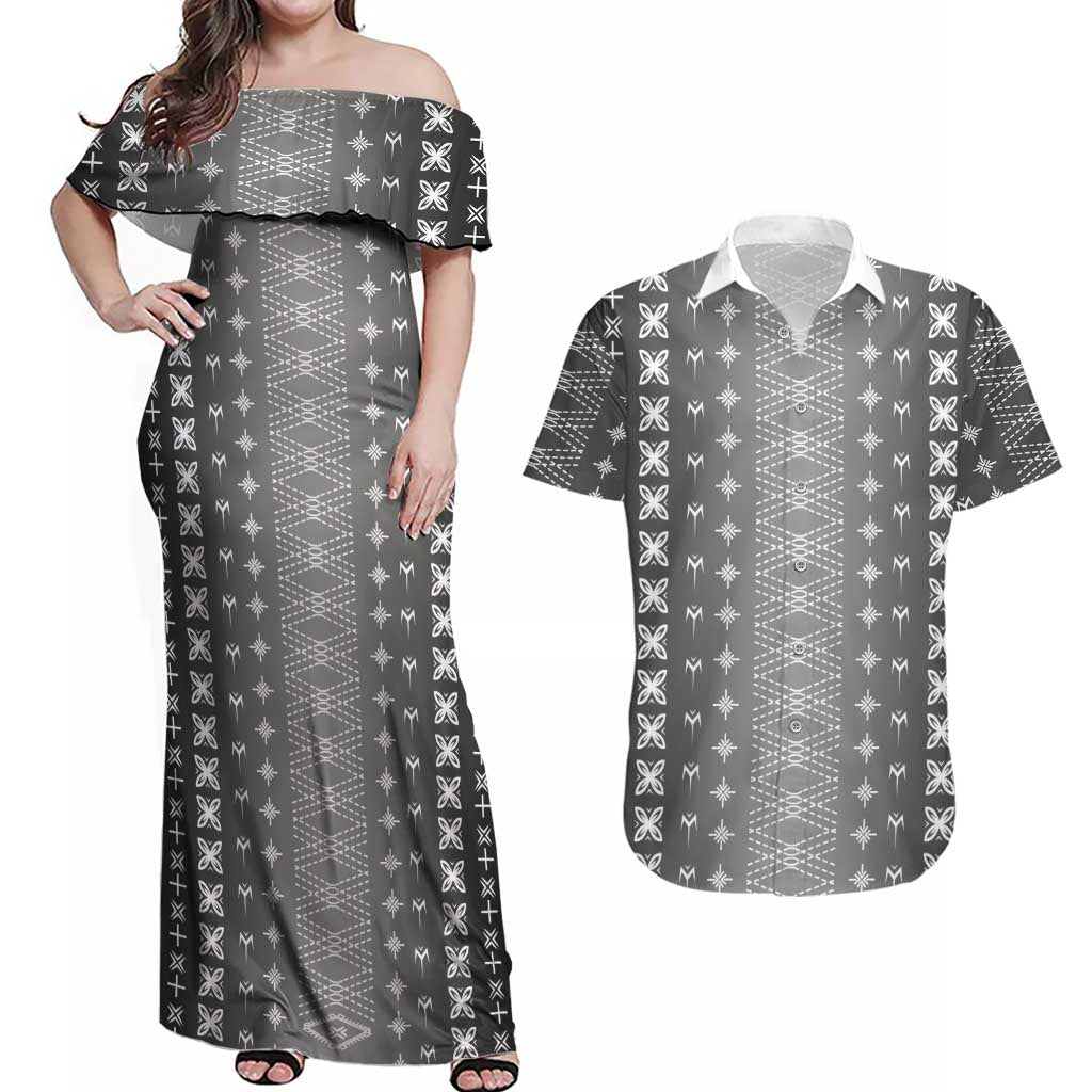 Black Samoa Malu Tattoo Inspired Couples Matching Off Shoulder Maxi Dress and Hawaiian Shirt LT05 Black - Polynesian Pride
