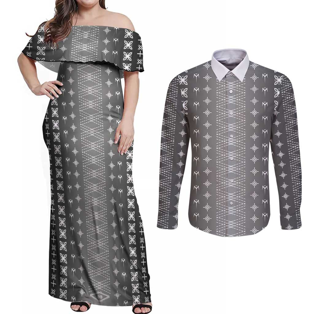 Black Samoa Malu Tattoo Inspired Couples Matching Off Shoulder Maxi Dress and Long Sleeve Button Shirt LT05 Black - Polynesian Pride