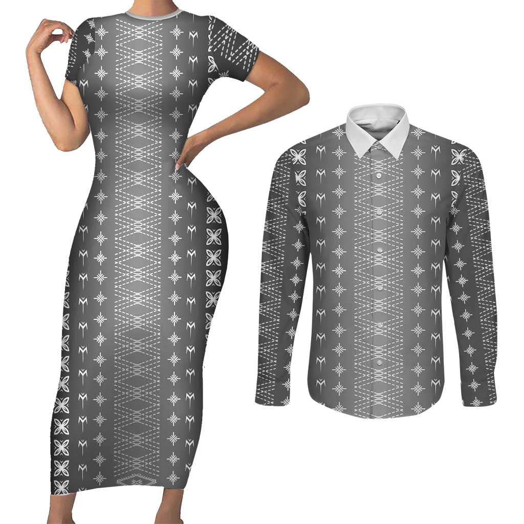 Black Samoa Malu Tattoo Inspired Couples Matching Short Sleeve Bodycon Dress and Long Sleeve Button Shirt LT05 Black - Polynesian Pride