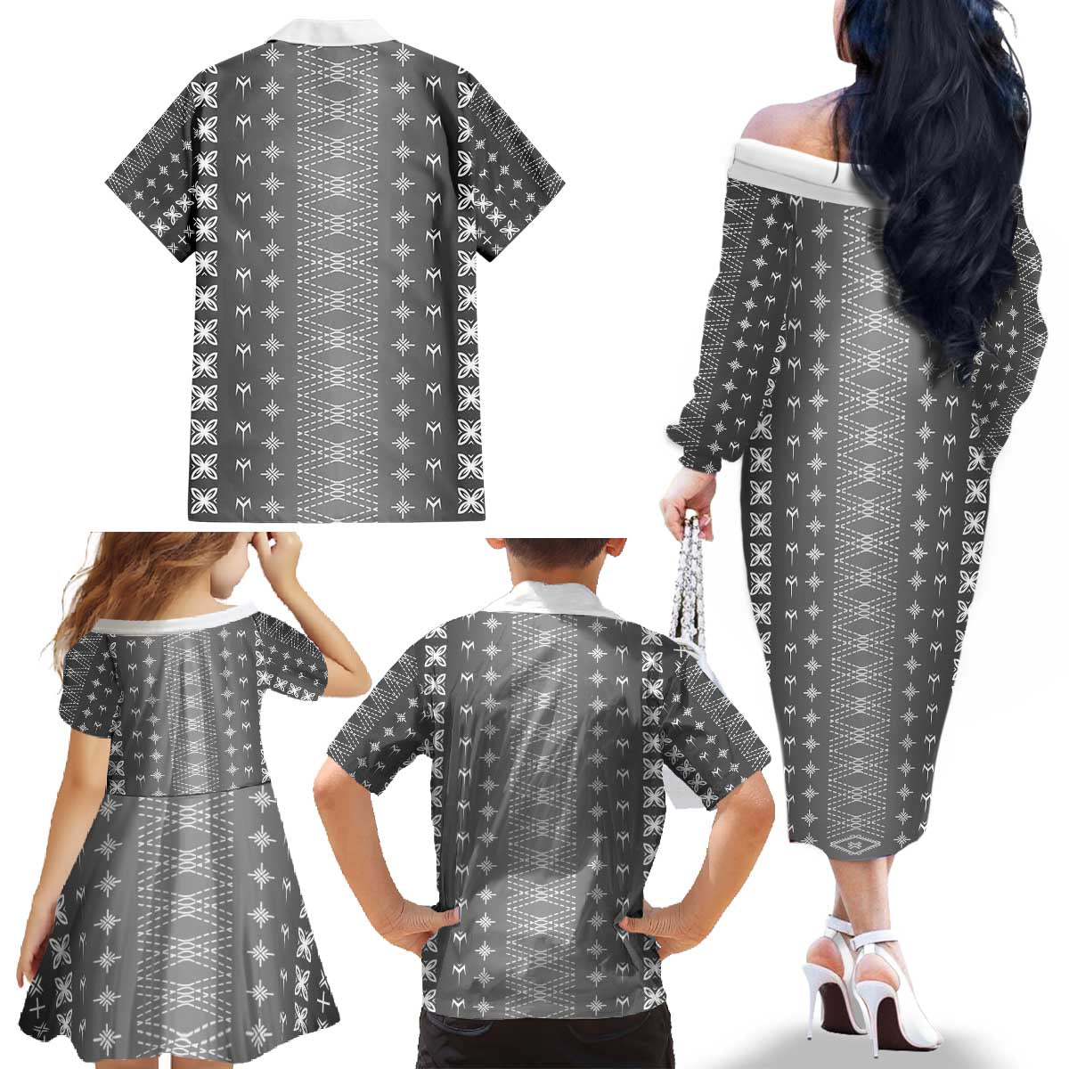 Black Samoa Malu Tattoo Inspired Family Matching Off The Shoulder Long Sleeve Dress and Hawaiian Shirt - Polynesian Pride