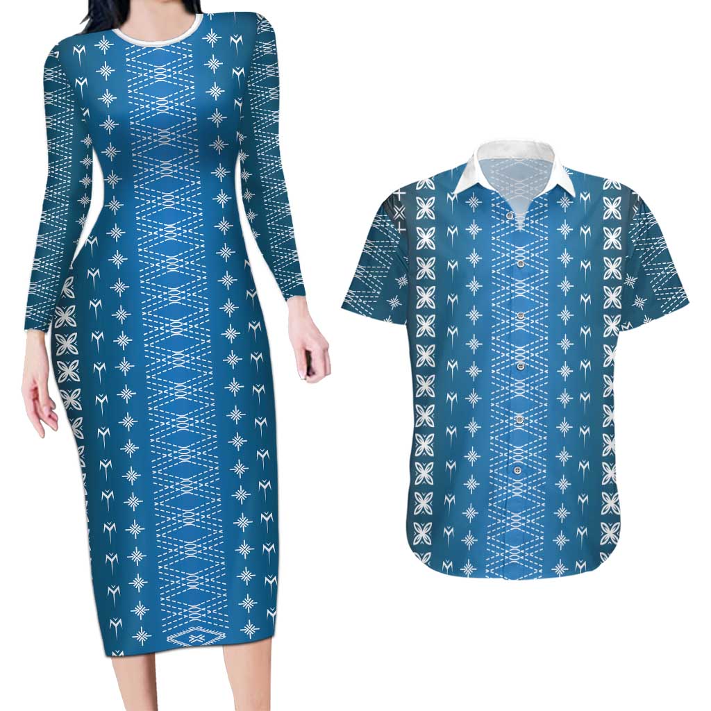 Blue Samoa Malu Tattoo Inspired Couples Matching Long Sleeve Bodycon Dress and Hawaiian Shirt LT05 Blue - Polynesian Pride