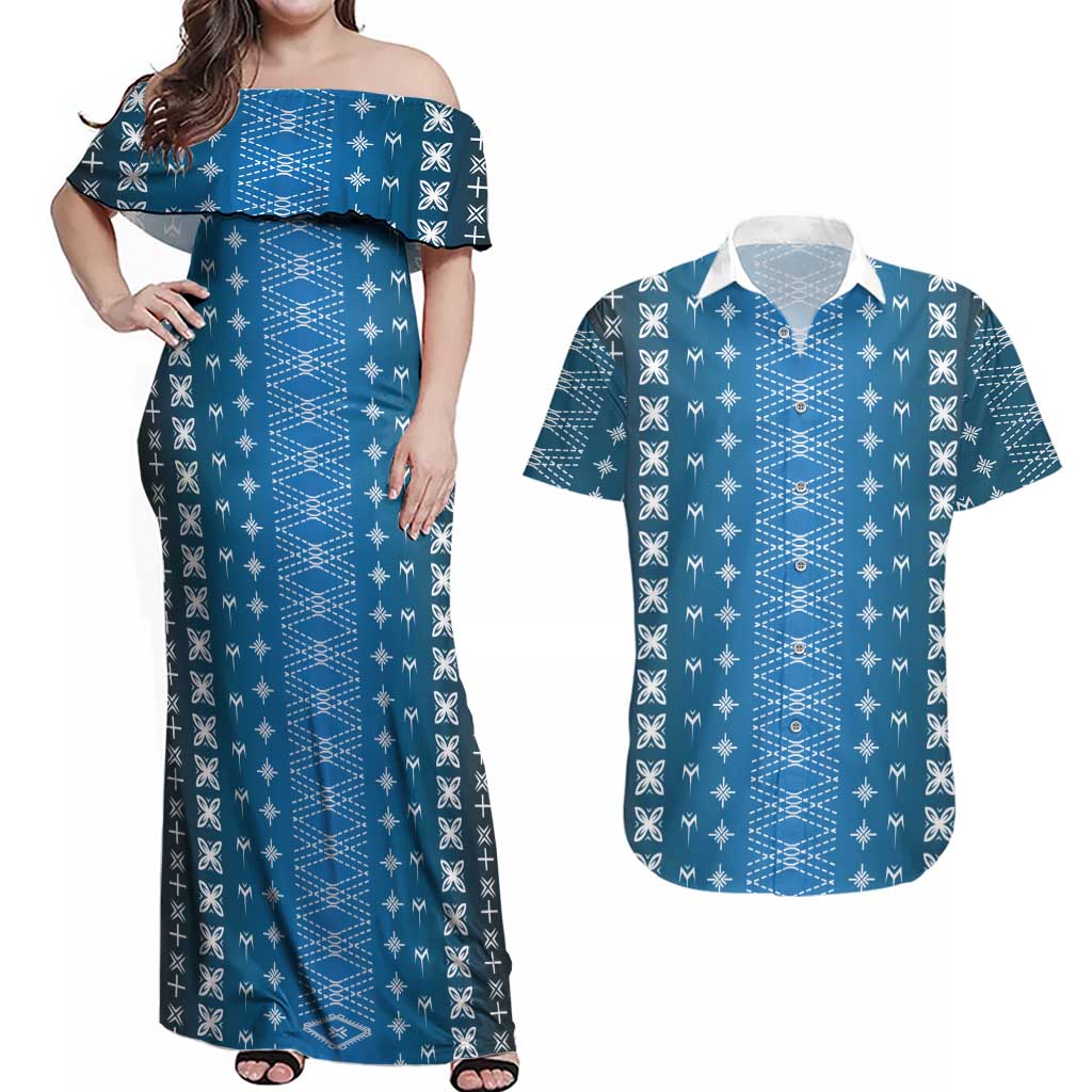 Blue Samoa Malu Tattoo Inspired Couples Matching Off Shoulder Maxi Dress and Hawaiian Shirt LT05 Blue - Polynesian Pride