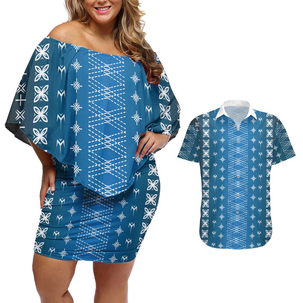 Blue Samoa Malu Tattoo Inspired Couples Matching Off Shoulder Short Dress and Hawaiian Shirt LT05 Blue - Polynesian Pride
