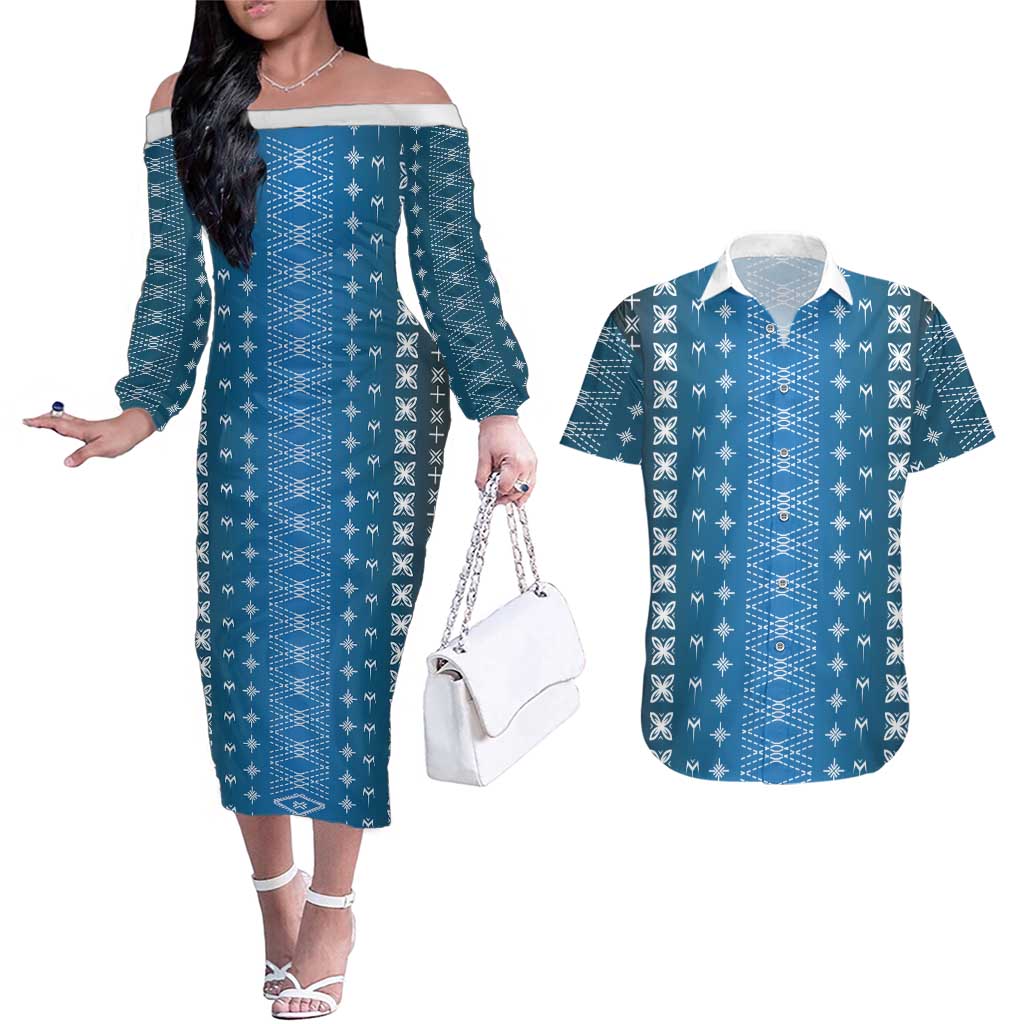 Blue Samoa Malu Tattoo Inspired Couples Matching Off The Shoulder Long Sleeve Dress and Hawaiian Shirt LT05 Blue - Polynesian Pride