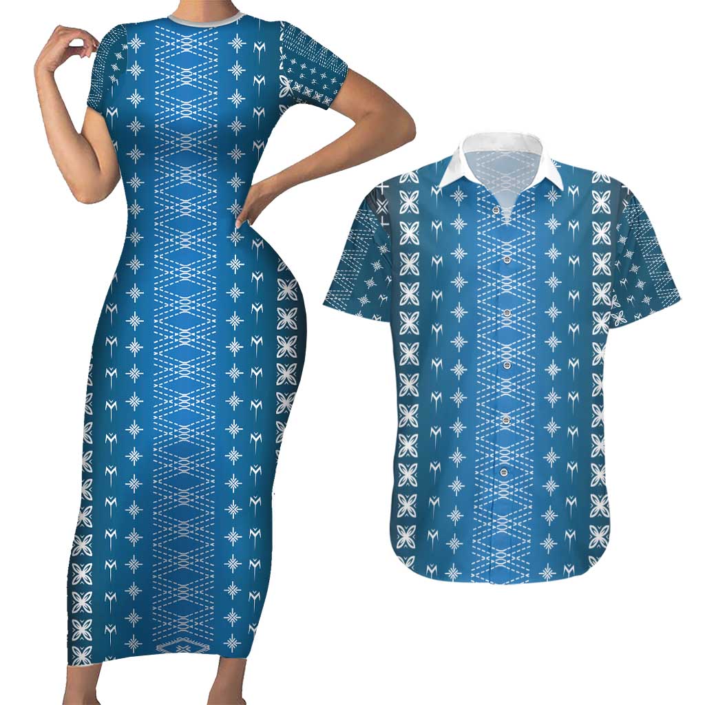 Blue Samoa Malu Tattoo Inspired Couples Matching Short Sleeve Bodycon Dress and Hawaiian Shirt - Polynesian Pride