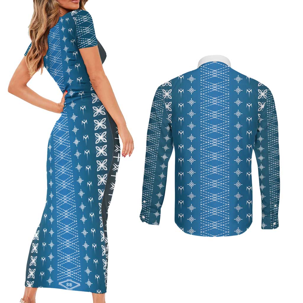 Blue Samoa Malu Tattoo Inspired Couples Matching Short Sleeve Bodycon Dress and Long Sleeve Button Shirt LT05 - Polynesian Pride