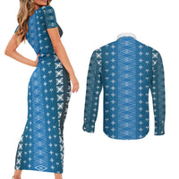 Blue Samoa Malu Tattoo Inspired Couples Matching Short Sleeve Bodycon Dress and Long Sleeve Button Shirt LT05 - Polynesian Pride