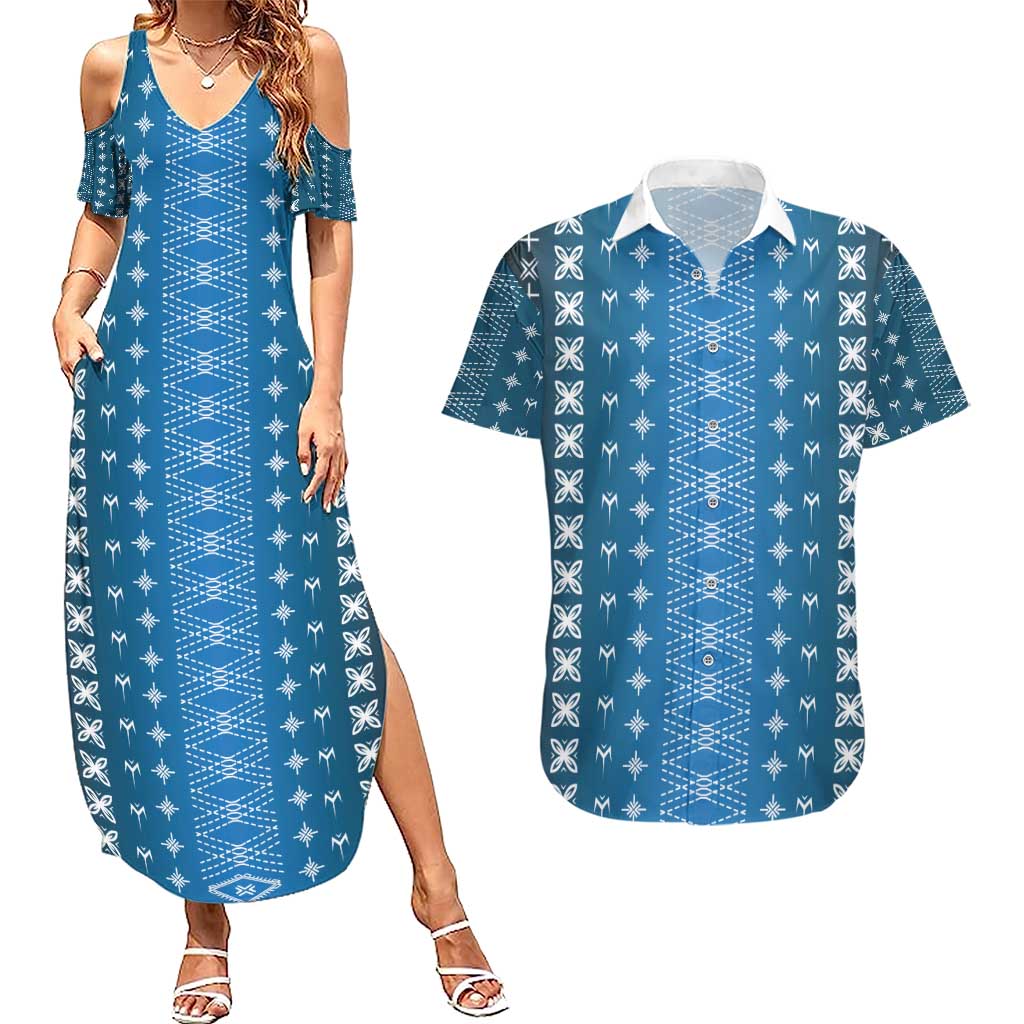 Blue Samoa Malu Tattoo Inspired Couples Matching Summer Maxi Dress and Hawaiian Shirt - Polynesian Pride
