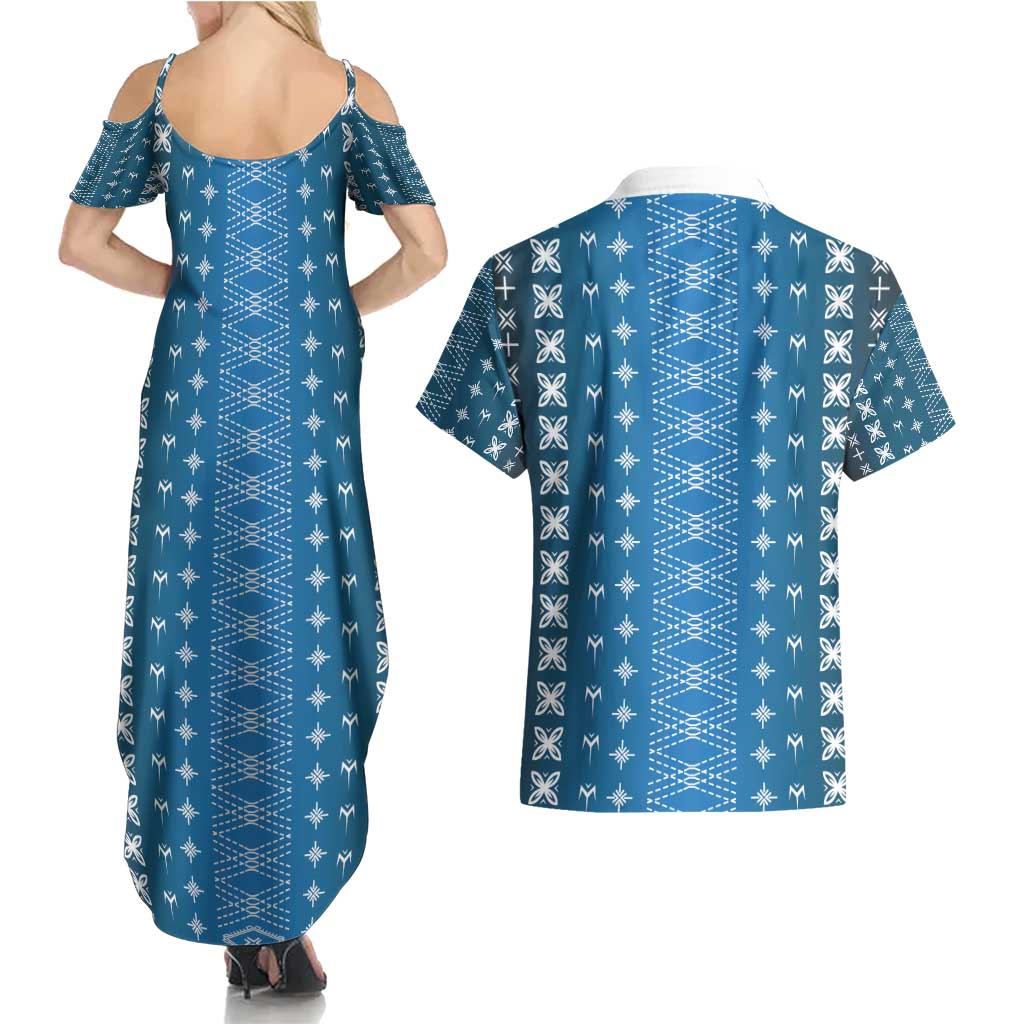 Blue Samoa Malu Tattoo Inspired Couples Matching Summer Maxi Dress and Hawaiian Shirt - Polynesian Pride