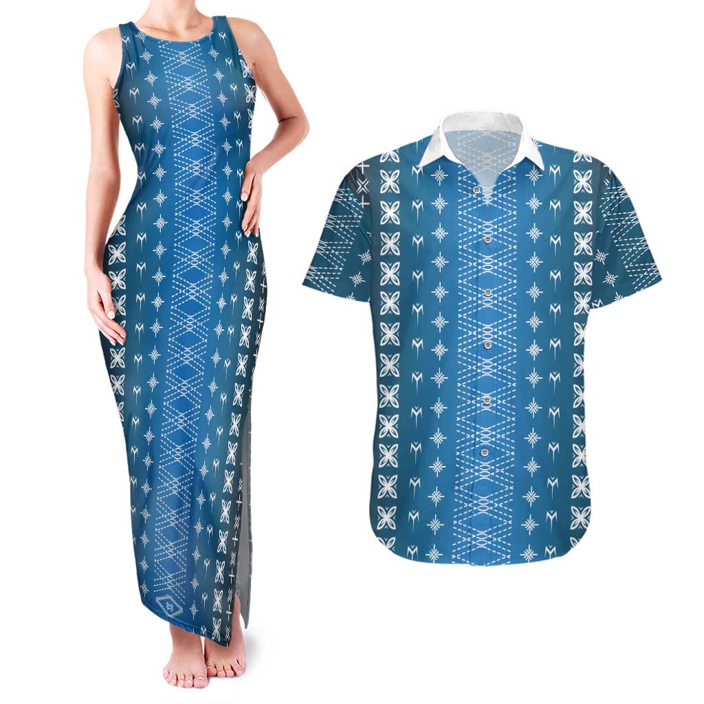 Blue Samoa Malu Tattoo Inspired Couples Matching Tank Maxi Dress and Hawaiian Shirt LT05 Blue - Polynesian Pride
