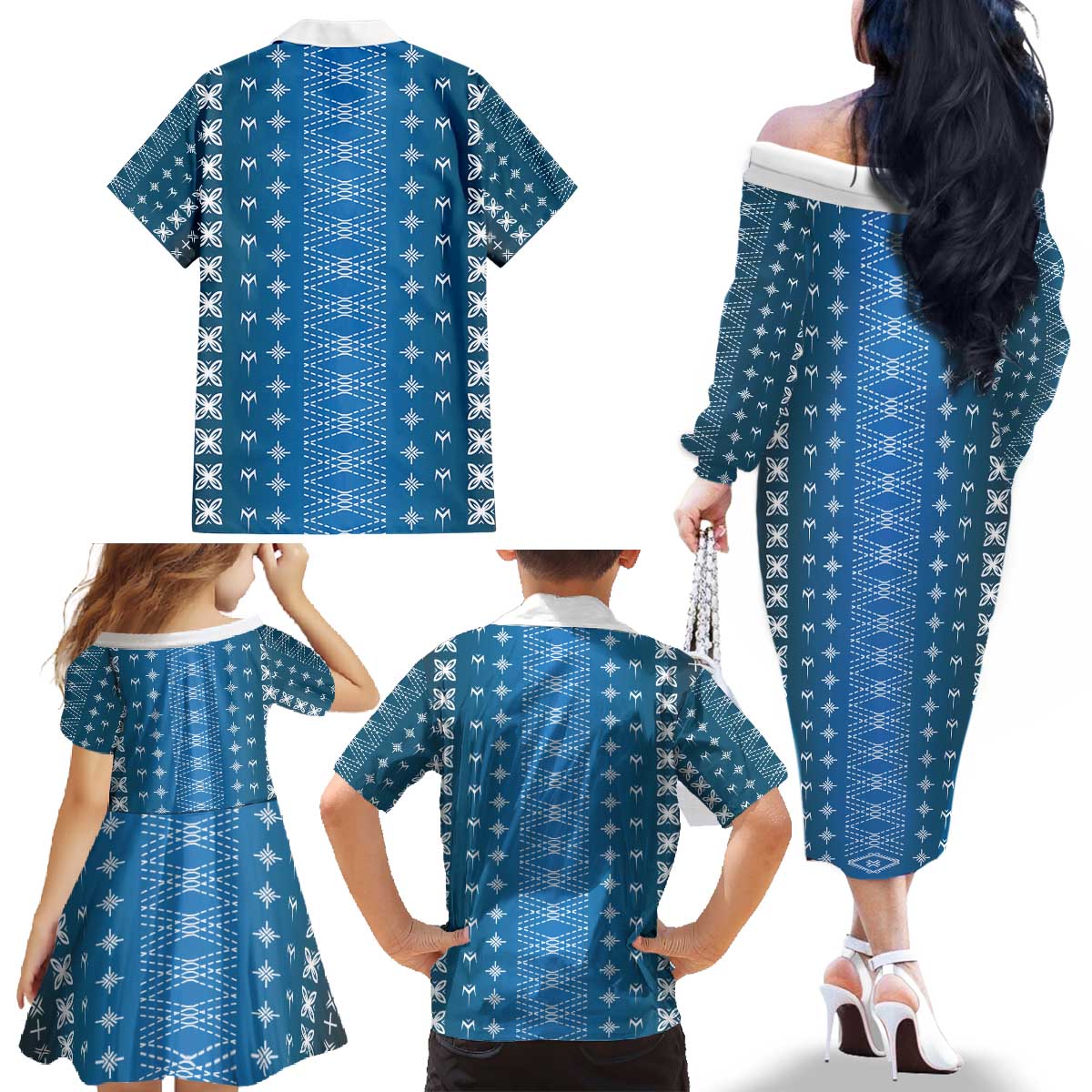 Blue Samoa Malu Tattoo Inspired Family Matching Off The Shoulder Long Sleeve Dress and Hawaiian Shirt - Polynesian Pride